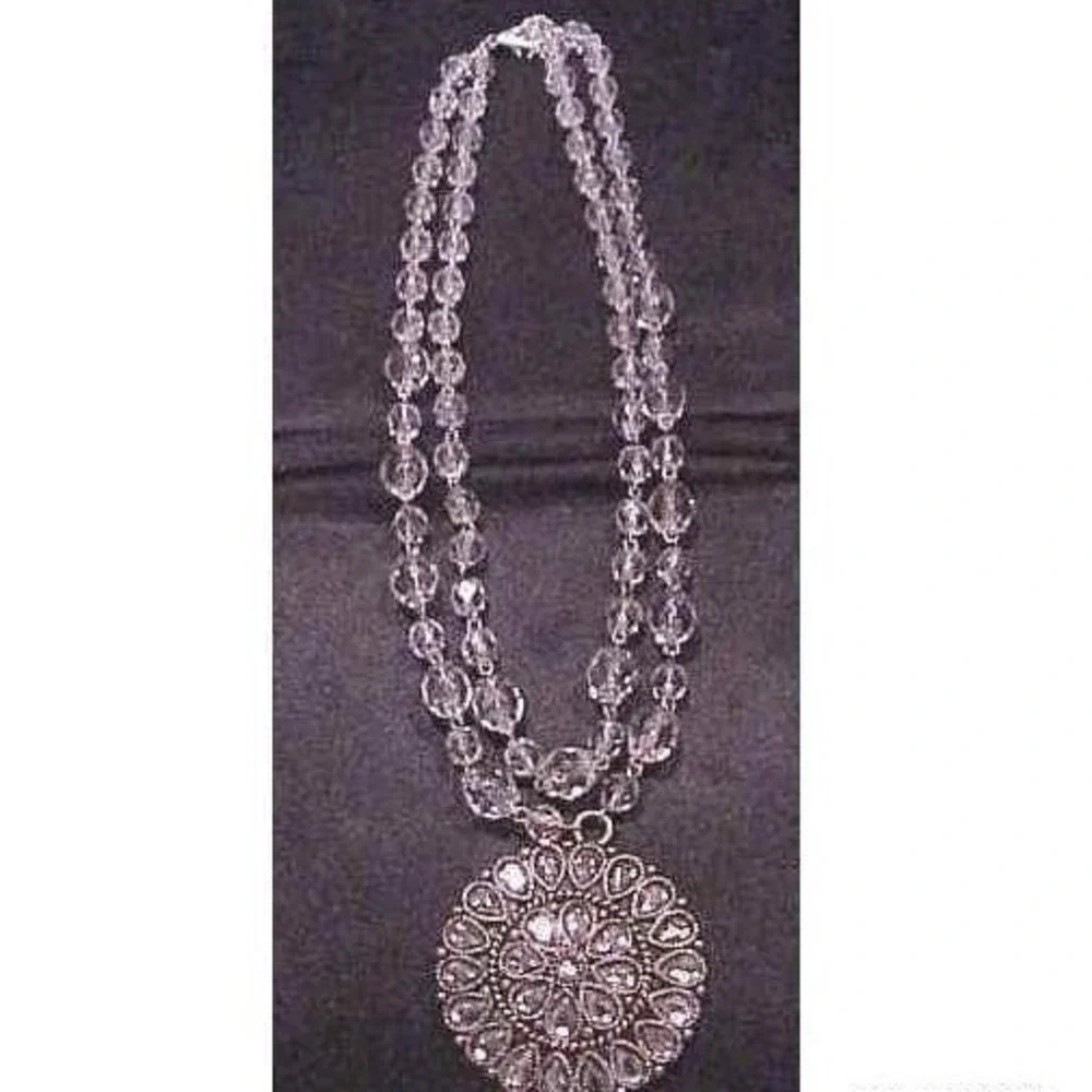 ROBERT ROSE NEW Clear Beaded Rhinestone Pendant Necklace Double Chain Dressy